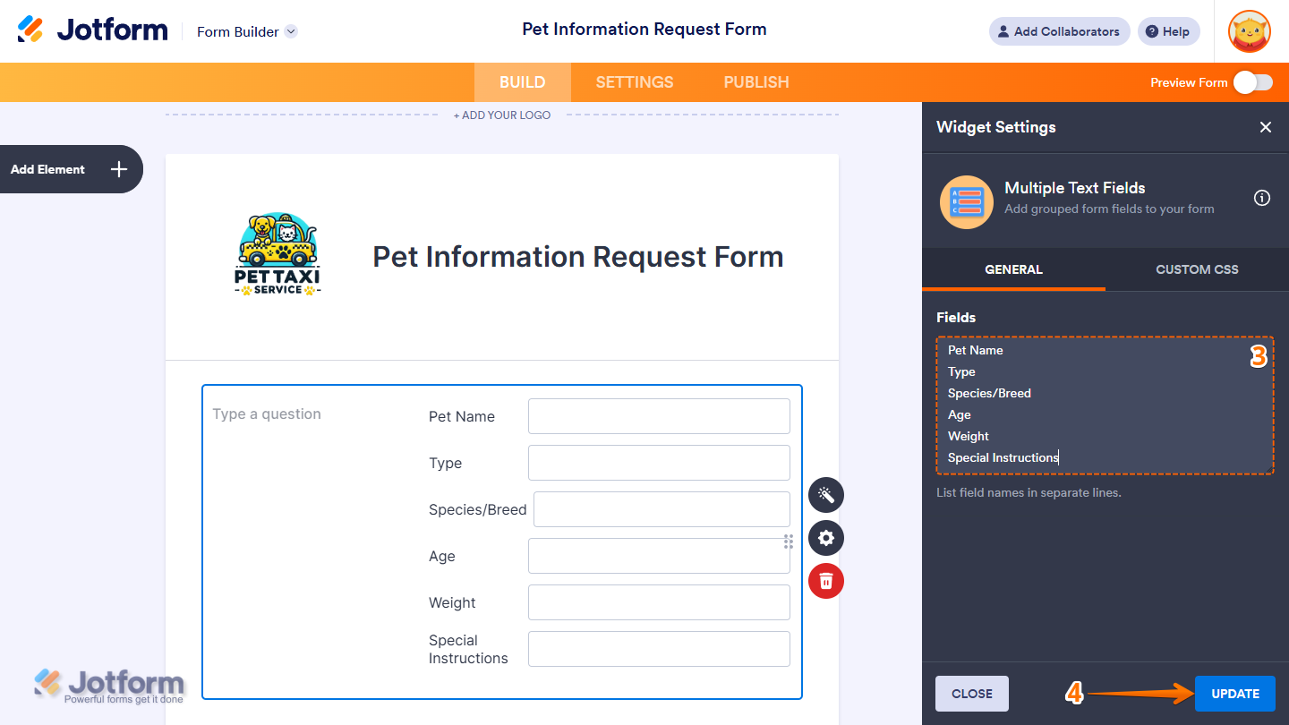 Fields Input box and Update button of the Multiple Text Fields Widget Settings window in Jotform Form Builder