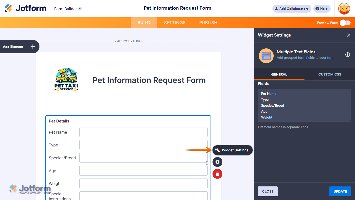 Wand icon on the right of the Multiple Text Field widget in Jotform Form Builder