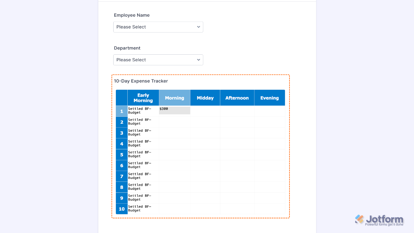 Form displaying a configured Spreadsheet widget with rows and columns for organized data entry
