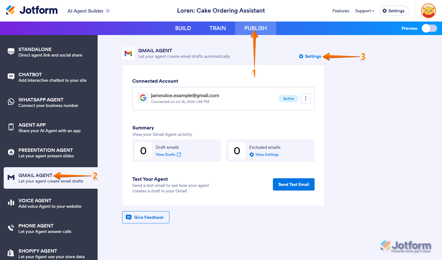 Settings button in the Gmail Agent section of the Publish tab in Jotform AI Agent Builder