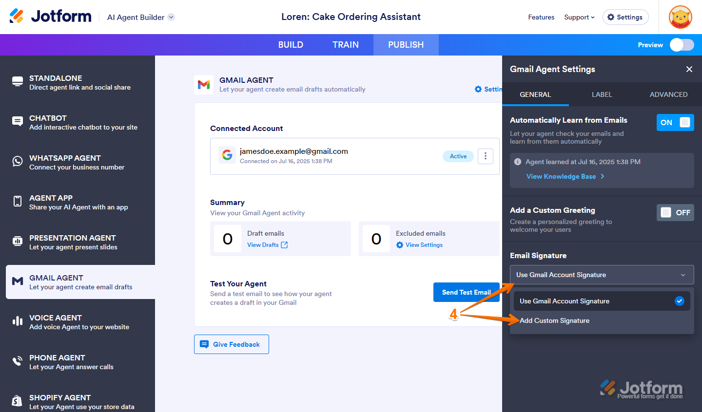 Add Custom Signature option in the Email Signature dropdown menu under the General tab in the Gmail Agent Settings window of the Publish tab in Jotform AI Agent Builder