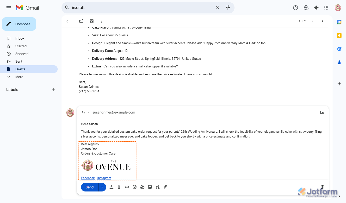 Sample of a custom signature in a Gmail Agent draft in Gmail