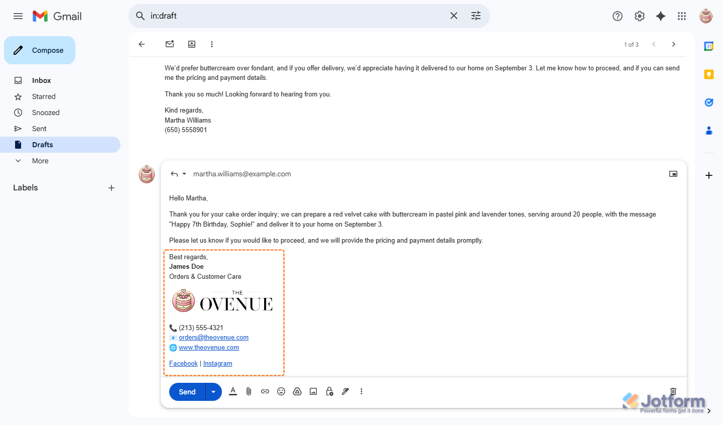 Updated custom signature in a Gmail Agent draft in Gmail