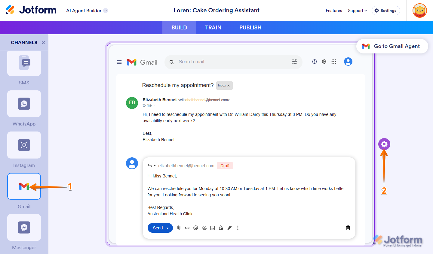 Gear icon on the right side of the example email draft in the Gmail channel section of the Build tab in Jotform AI Agent Builder