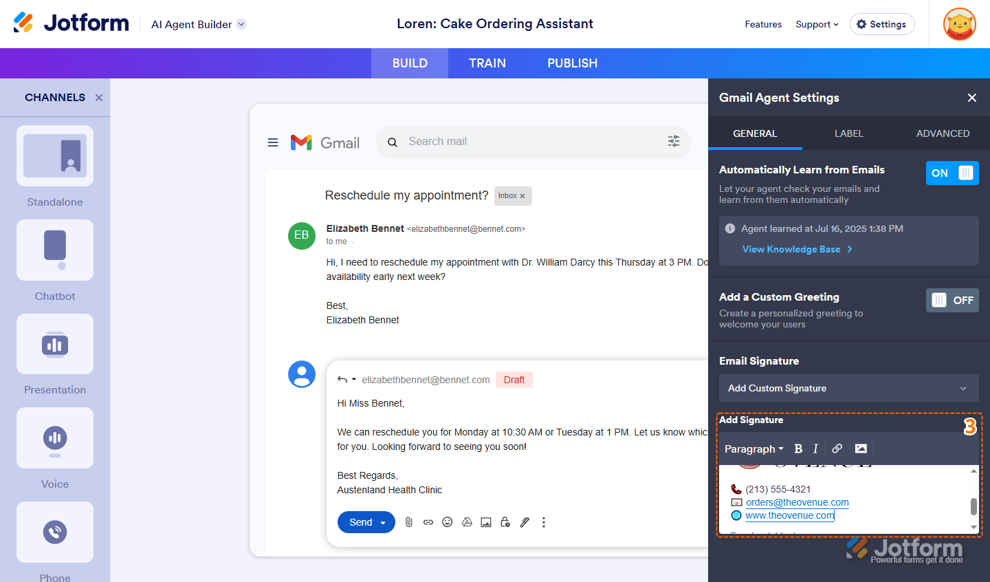 Updated custom signature in the Add Signature text editor under the General tab of the Gmail Agent Settings window of the Publish tab in Jotform AI Agent Builder