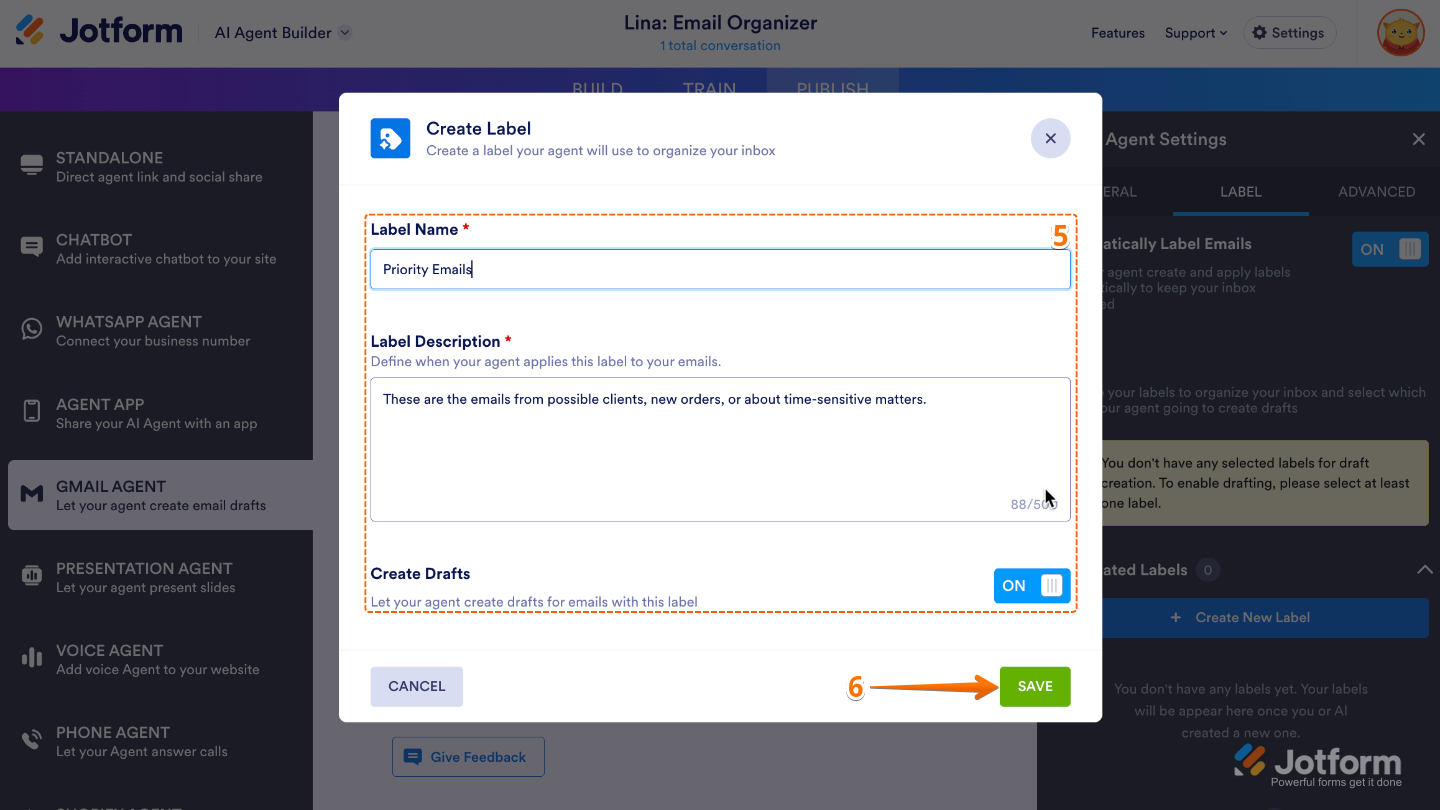 Create Label window in Gmail Agent showing input fields for Label Name, Label Description, and the Create Draft toggle option enabled, with the Save button at the bottom highlighted for saving the new smart label