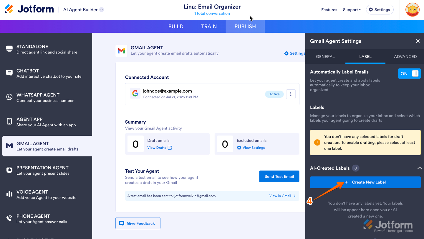 Gmail Agent Settings window open on the right side of the AI Agent Builder page, with the Label tab selected and the Create New Label button clearly highlighted for adding a new smart label