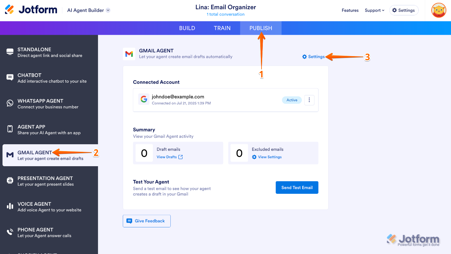 AI Agent Builder interface with the Publish button highlighted in the top blue navigation bar, Gmail Agent selected from the left-side menu, and the Settings button on the top-right side of the Gmail Agent section emphasized