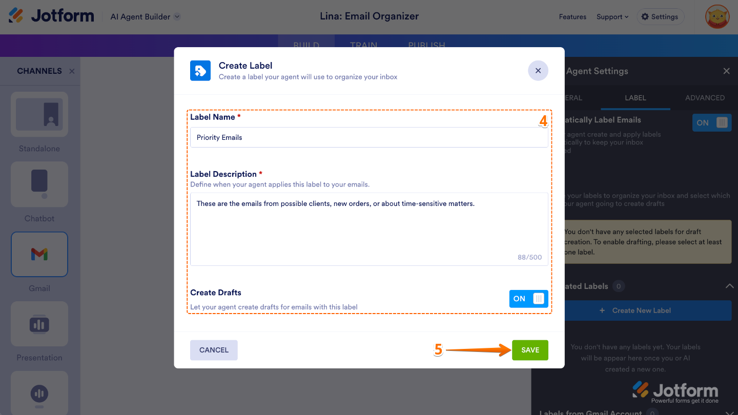 Create Label window in Gmail Agent Settings showing input fields for Label Name and Label Description, a toggle for Create Draft, and the Save button at the bottom right highlighted