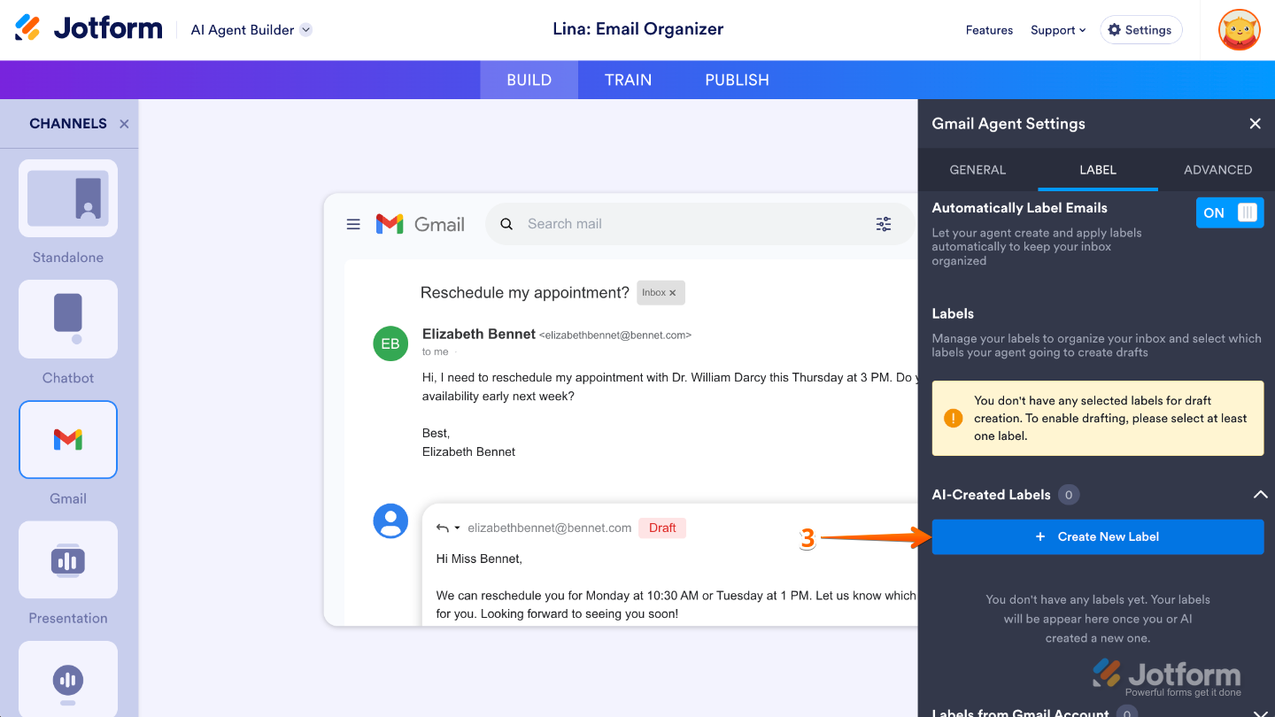 Gmail Agent Settings window open on the right side of the AI Agent Builder interface, showing the Label tab selected and the Create New Label button highlighted