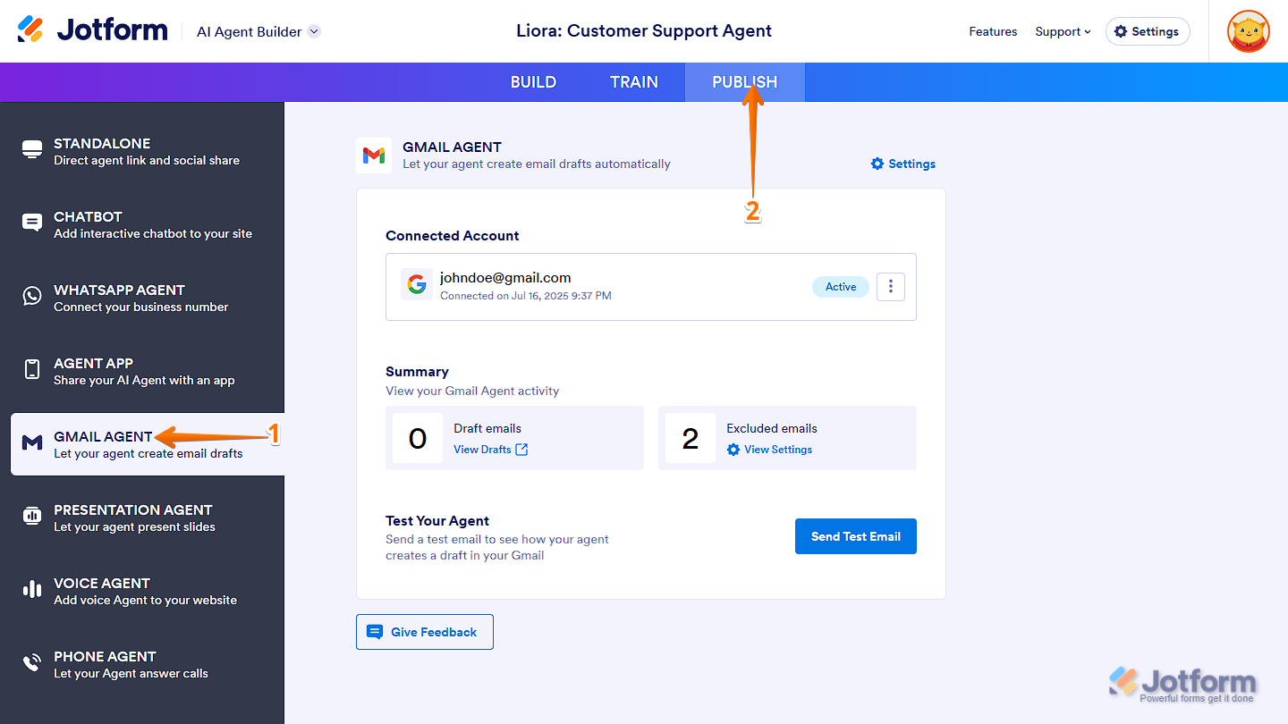 Gmail Agent menu on the left side of the Form Builder