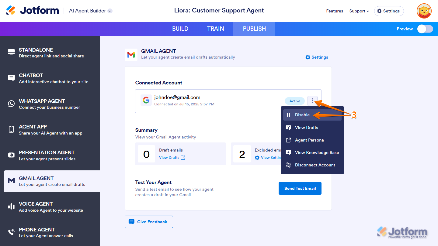 Disable Gmail Agent option in Gmail Agent menu