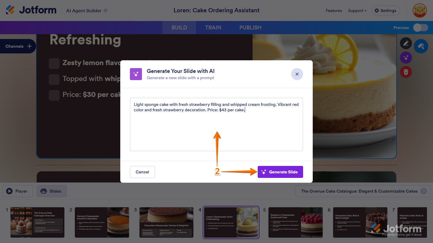 Generate Your Slide with AI window in Presentation Agent Builder of the Build tab in AI Agent Builder