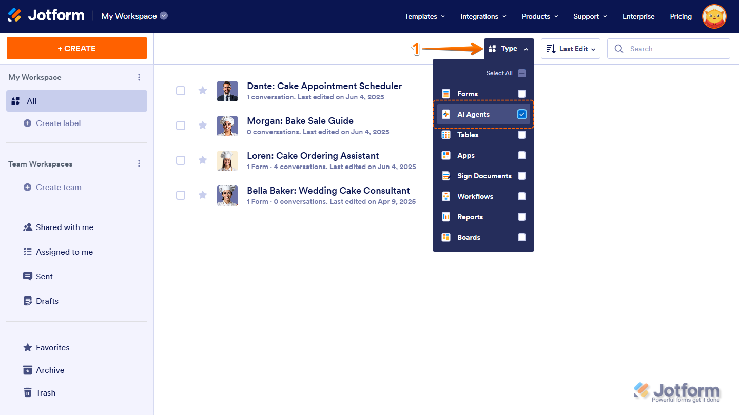 AI Agents option checked in the Type dropdown menu on the Jotform My Workspace page