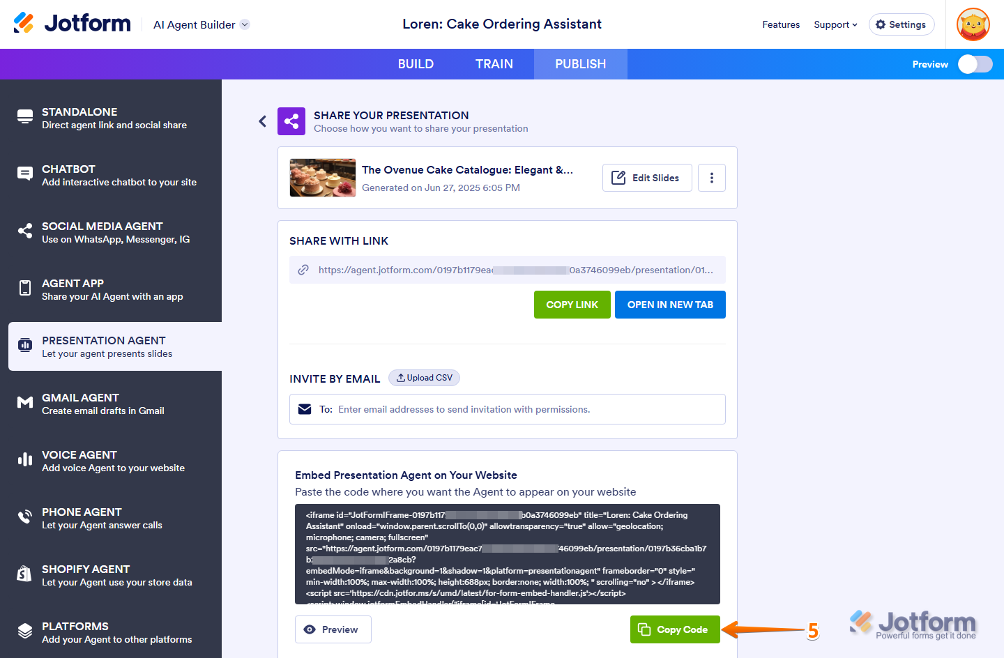 Share Your Presentation section of the Presentation Agent tab in AI Agent Builder Publish tab