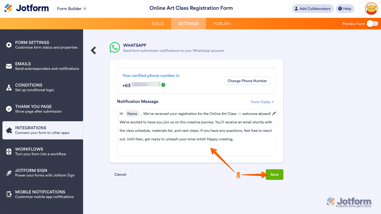 Setting up a WhatsApp notification message in the form’s integration panel and clicking Save to complete the setup