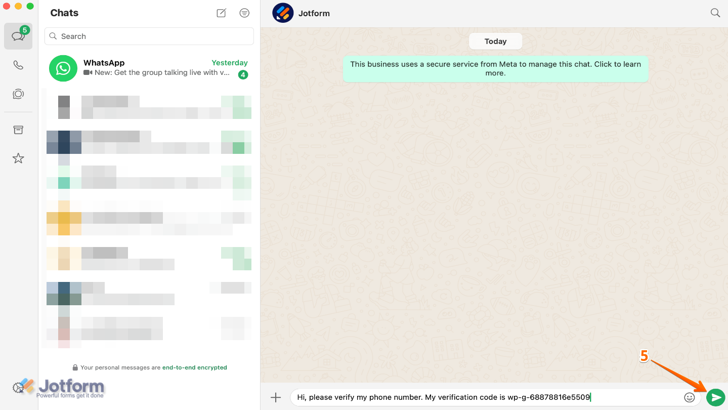 Clicking the Send icon in the WhatsApp integration window to proceed with number verification and setup