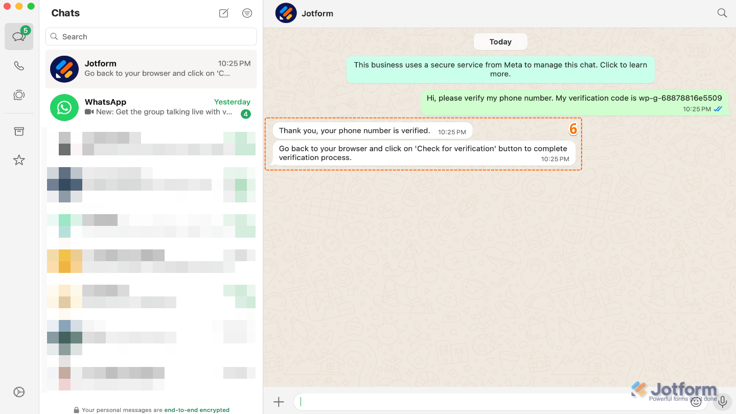WhatsApp confirmation message received after successful number verification in form integration