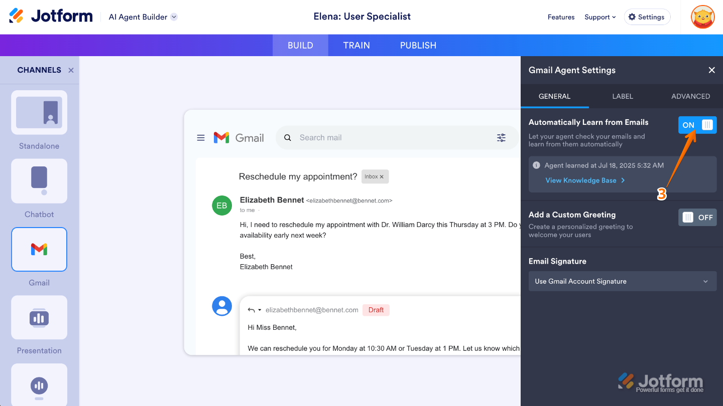 Gmail Agent Settings window in AI Agent Builder showing the General tab with the “Automatically Learn from Emails” toggle highlighted on the right side of the page