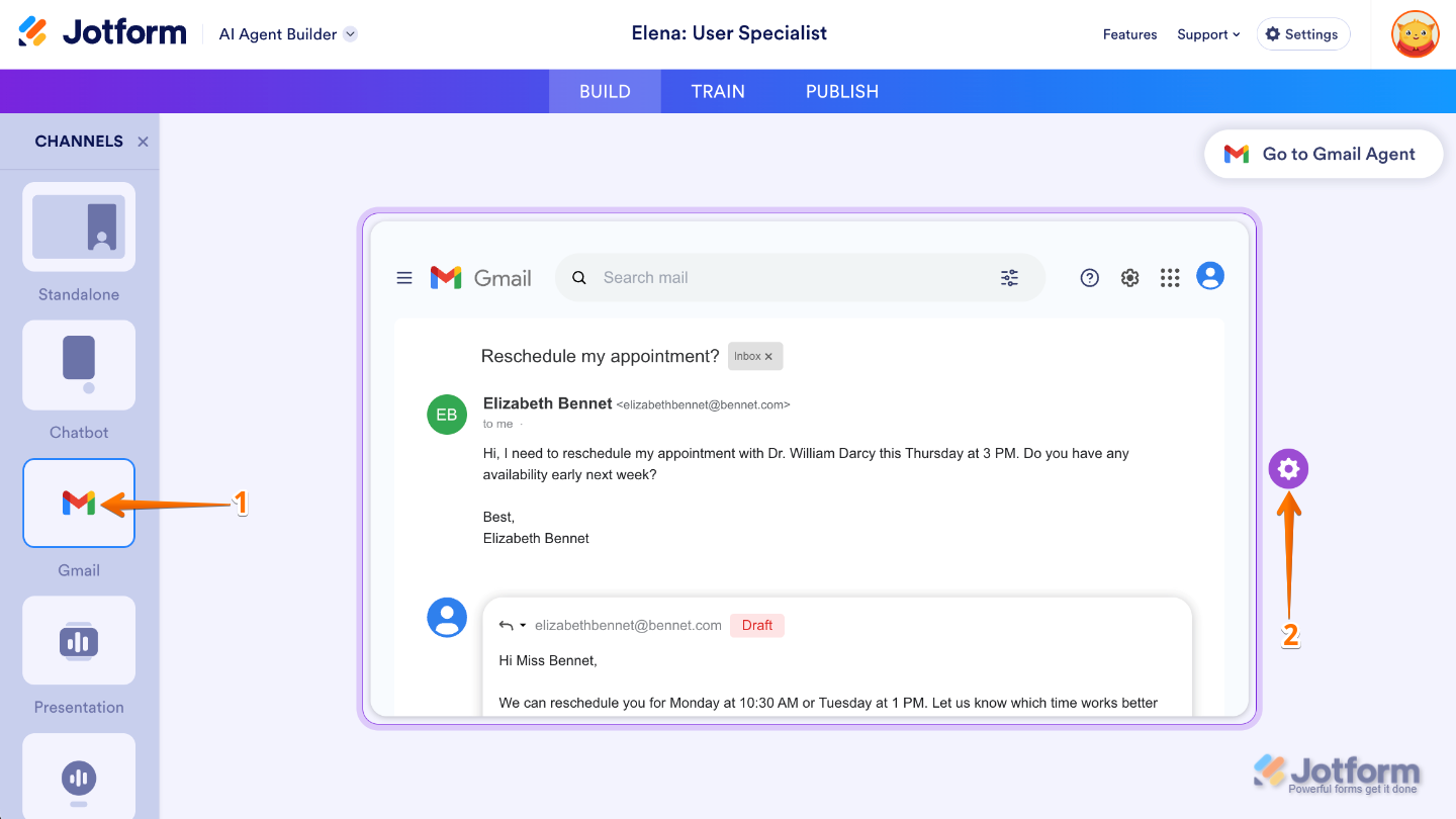 AI Agent Builder interface clicking the Gmail icon from the Channels menu on the left, then selects the gear icon beside the sample email draft on the right