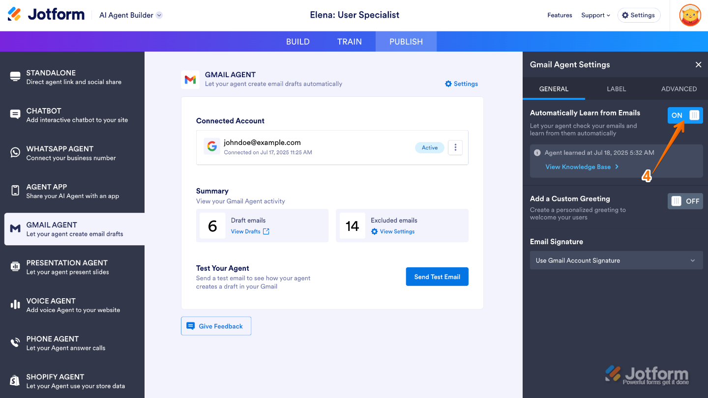 Gmail Agent Settings window open on the right side of the AI Agent Builder page, showing the General tab with the Automatically Learn from Emails toggle switched on