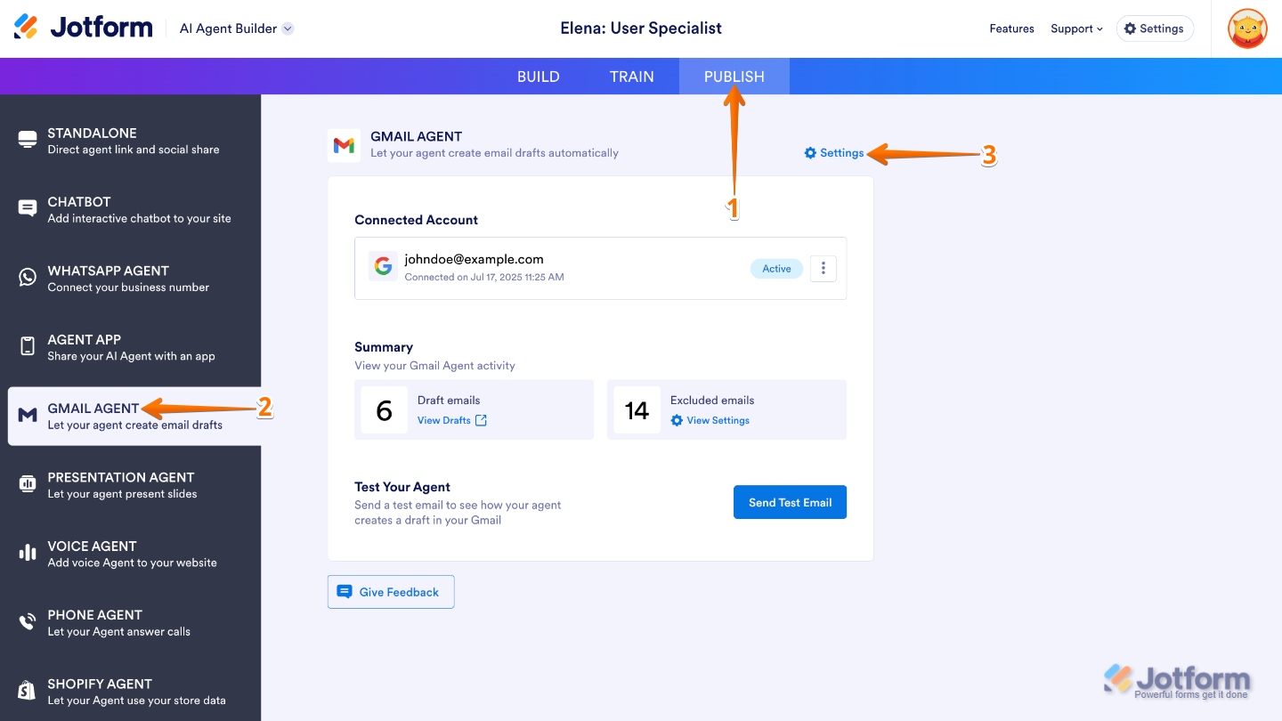 AI Agent Builder interface showing the blue top navigation bar with Publish selected, the left menu highlighting Gmail Agent, and the Settings button visible in the top-right corner of the Gmail Agent section