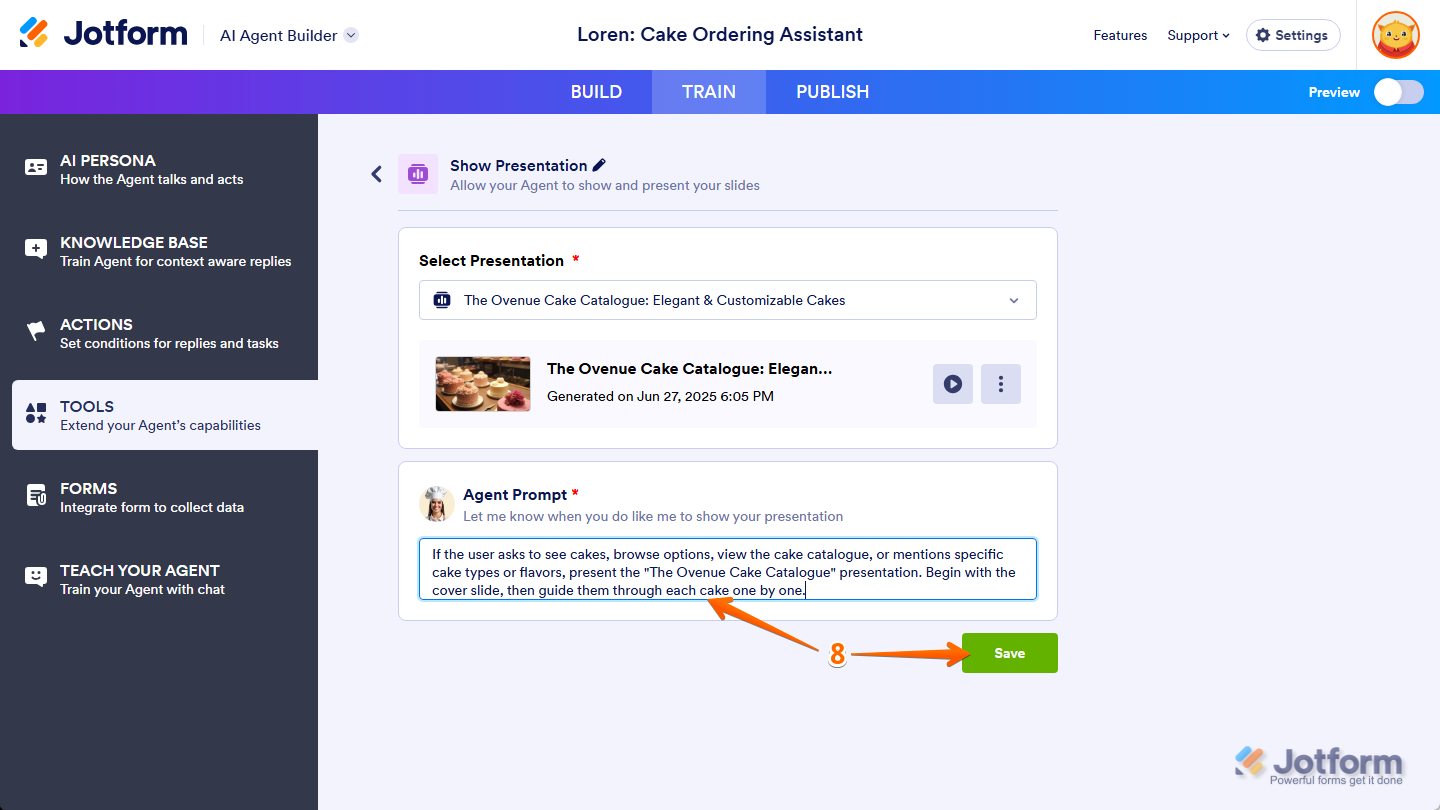 Agent Prompt box and Save button in the Show Presentation section of the Tools tab in Jotform AI Agent Builder Train tab