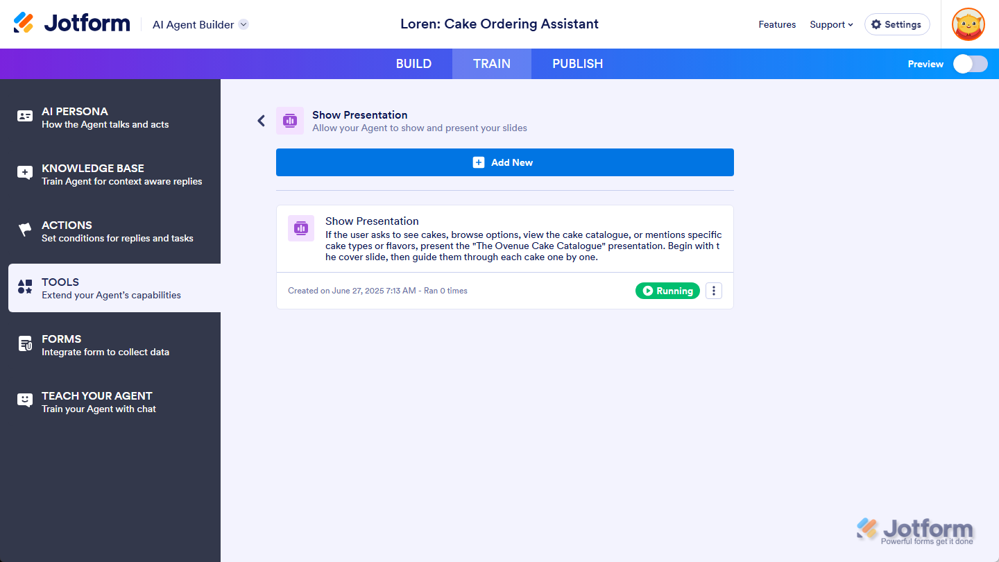 New Show Presentation Tool in the Show Presentation section of the Tools tab in Jotform AI Agent Builder Train tab