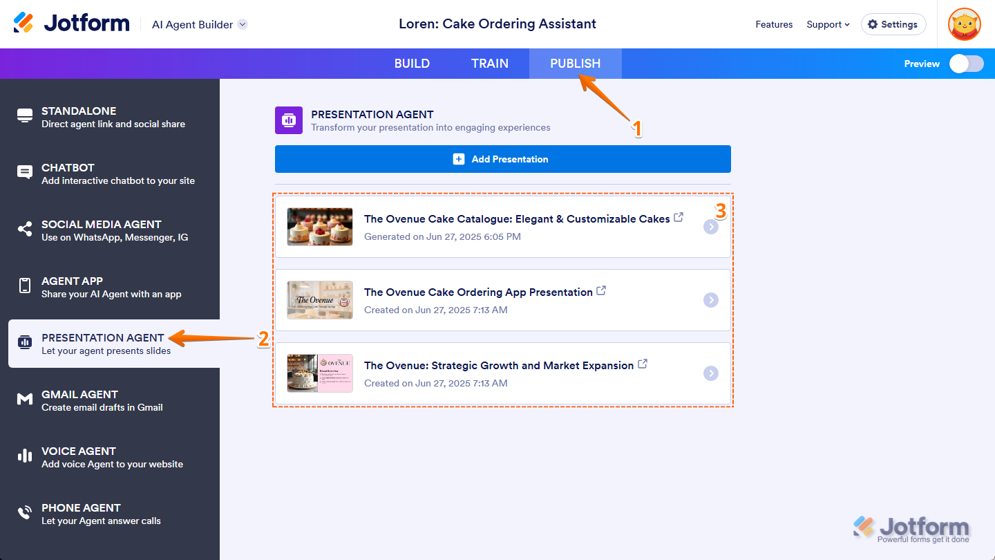 List of presentations in the Presentation Agent section of the Jotform AI Agent Builder Publish tab