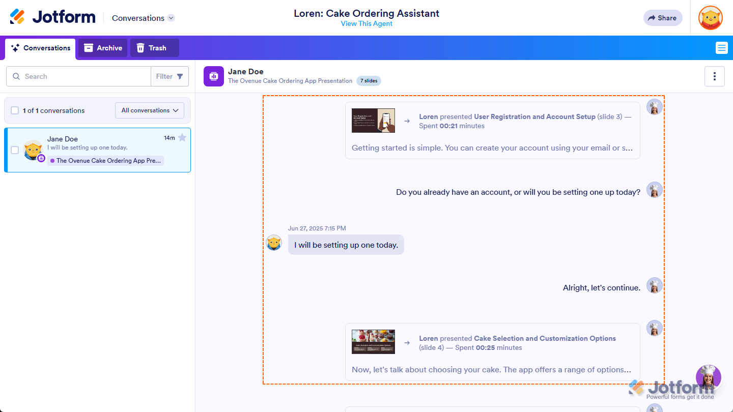 Presentation Agent question and audience answer in the Conversations page