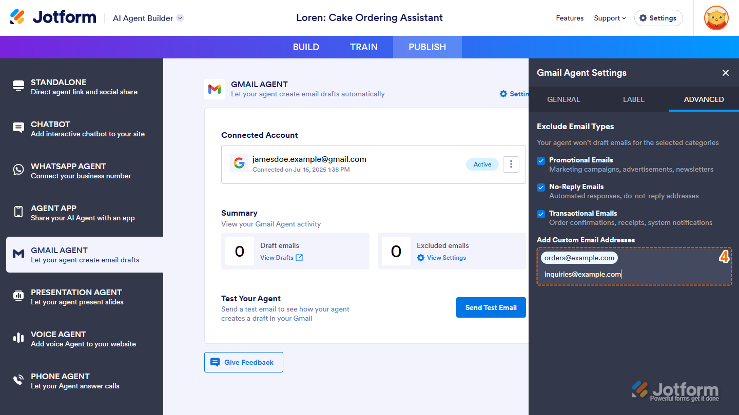 Add Custom Email Address section under the Advanced tab of the Gmail Agent Settings window in Jotform AI Agent Builder
