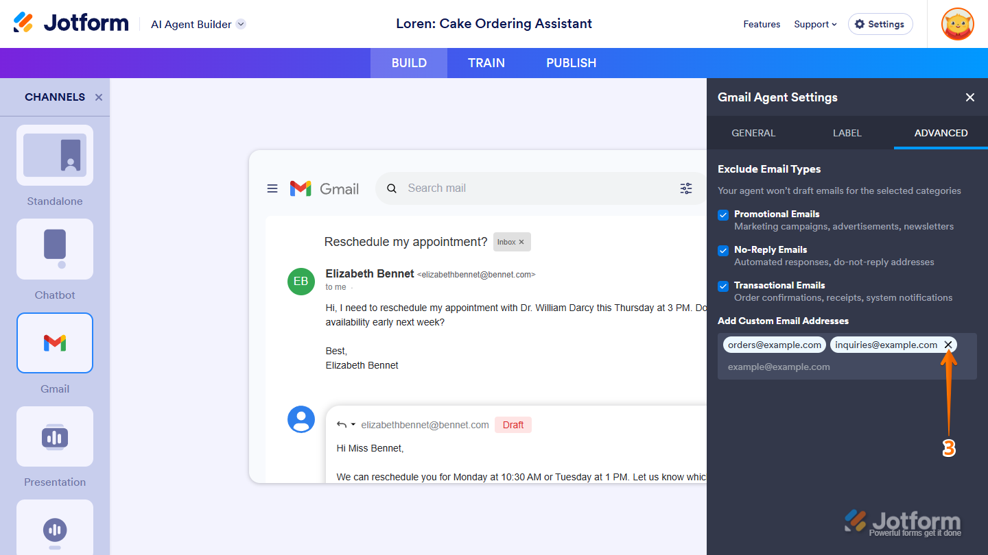 Delete button of an email address in the Add Custom Email Address section under the Advanced tab of the Gmail Agent Settings window in Jotform AI Agent Builder