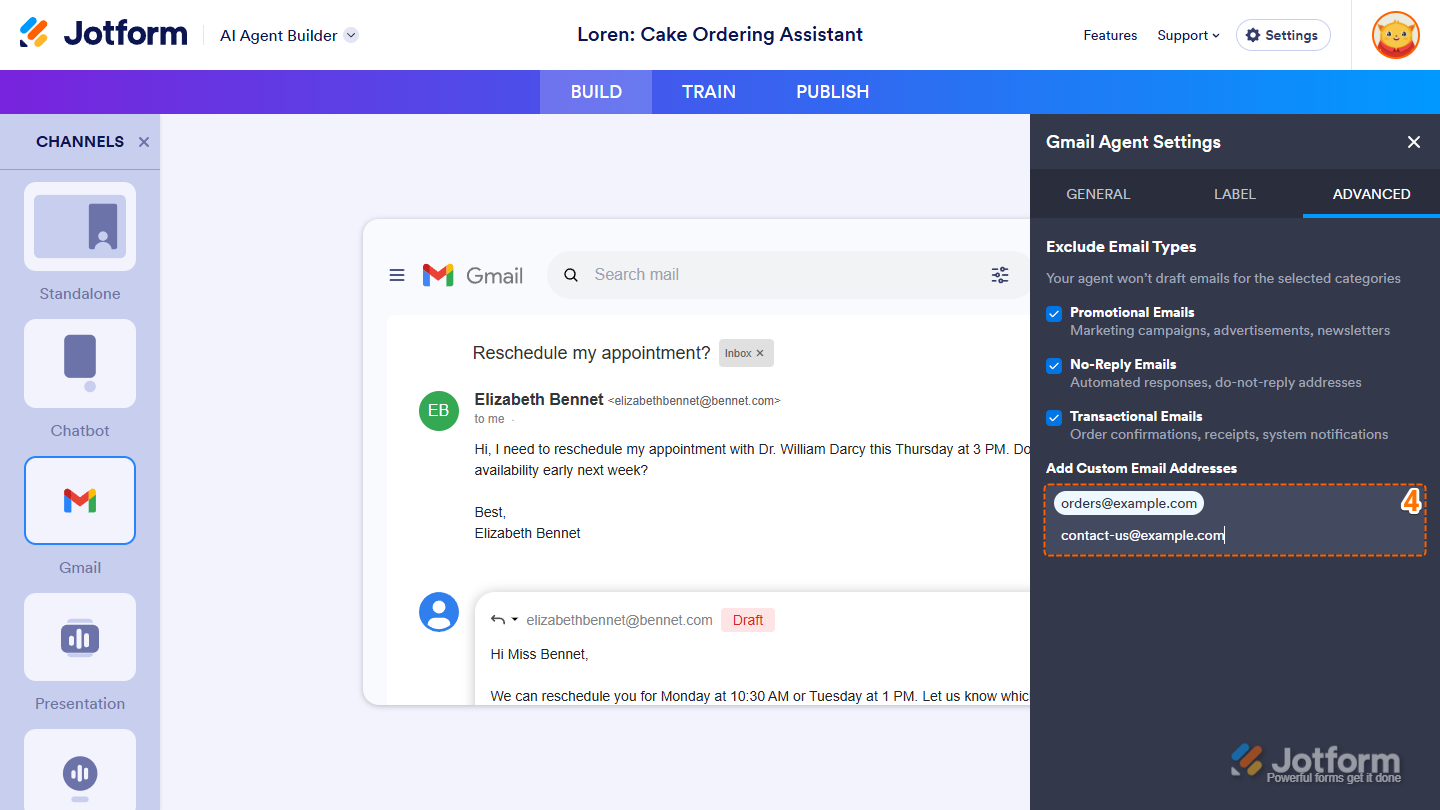 New email address in the Add Custom Email Address section under the Advanced tab of the Gmail Agent Settings window in Jotform AI Agent Builder