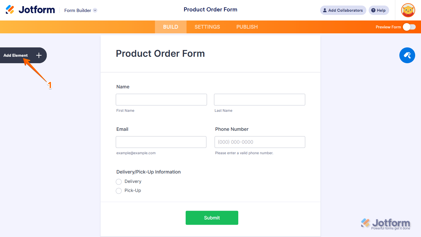 Clicking Add Element in the Form Builder to start integrating PayPal in Jotform
