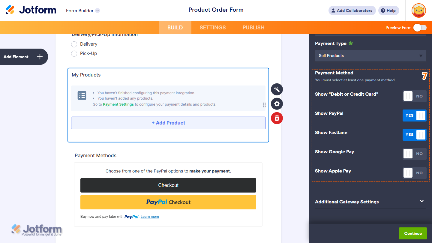 Toggling payment methods like Debit or Credit Card, PayPal, Fastlane, Google Pay, and Apple Pay in Jotform PayPal Integration settings