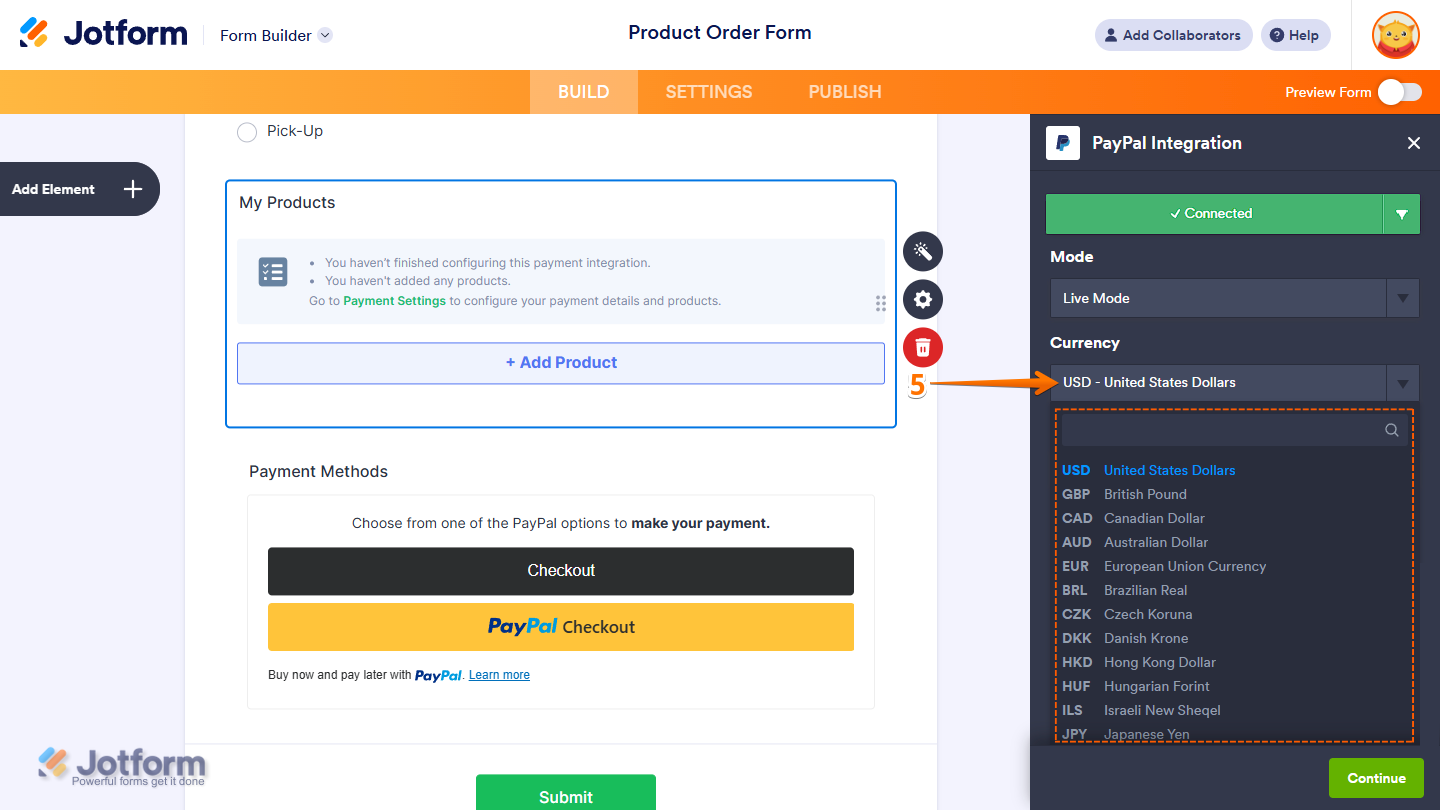Selecting a currency from the Currency dropdown in the PayPal Integration settings in Jotform