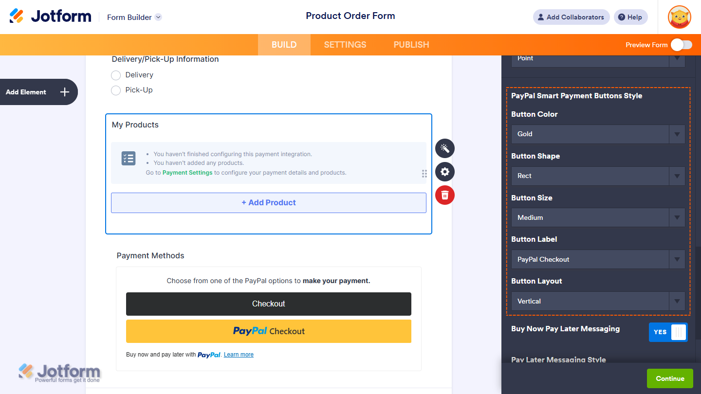 Customizing PayPal Smart Payment Button style with options for color, shape, size, label, and layout in Jotform