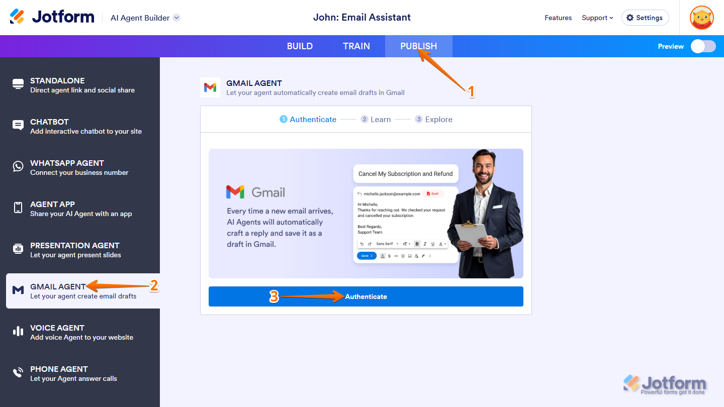 Selecting Gmail Agent from the left menu in Jotform Publish settings