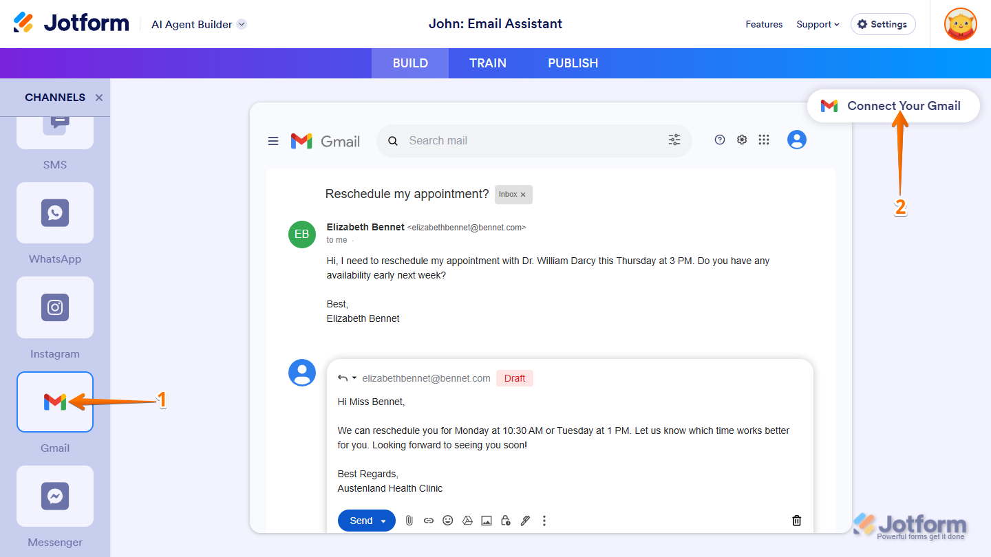 Clicking Connect Your Gmail in Jotform to begin Gmail Agent setup