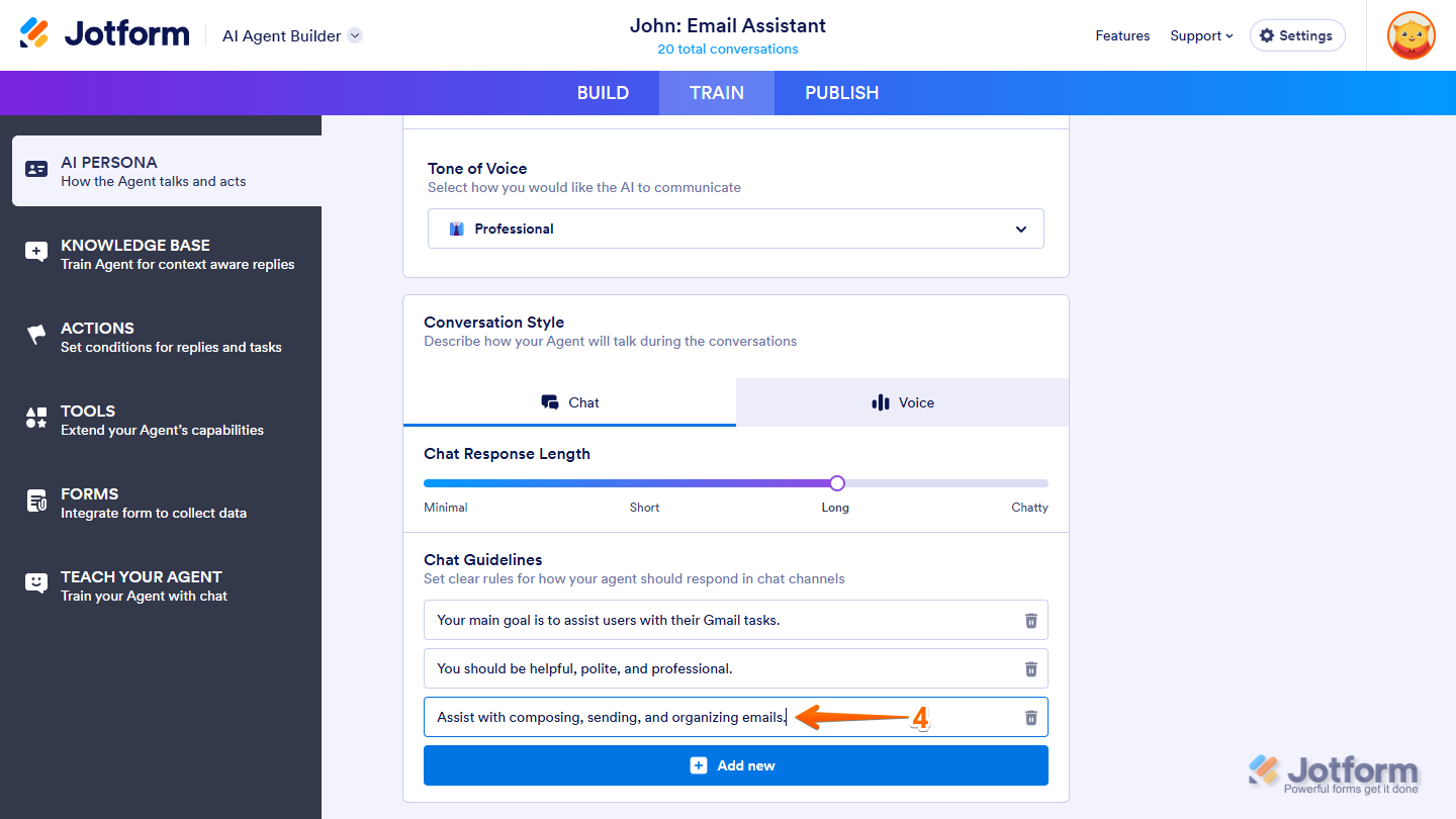 Editable textboxes under Email Guidelines in Jotform AI Agent Builder, showing where users can update their Gmail Agent’s tone and reply style
