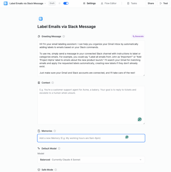 Lindy AI email assistant generating a greeting message