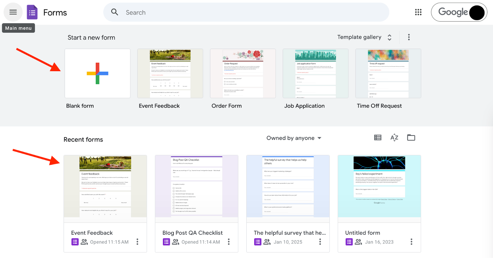 Clicking on the Blank form and the Event Feedback form on Google Forms