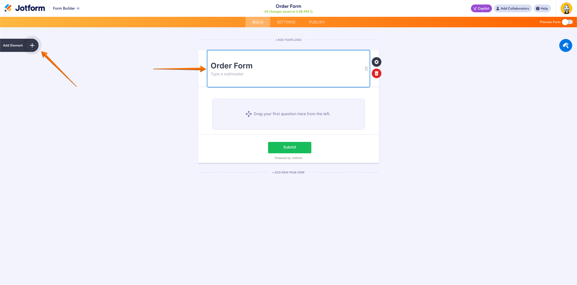 Form Builder Add Element Menu and Form Title