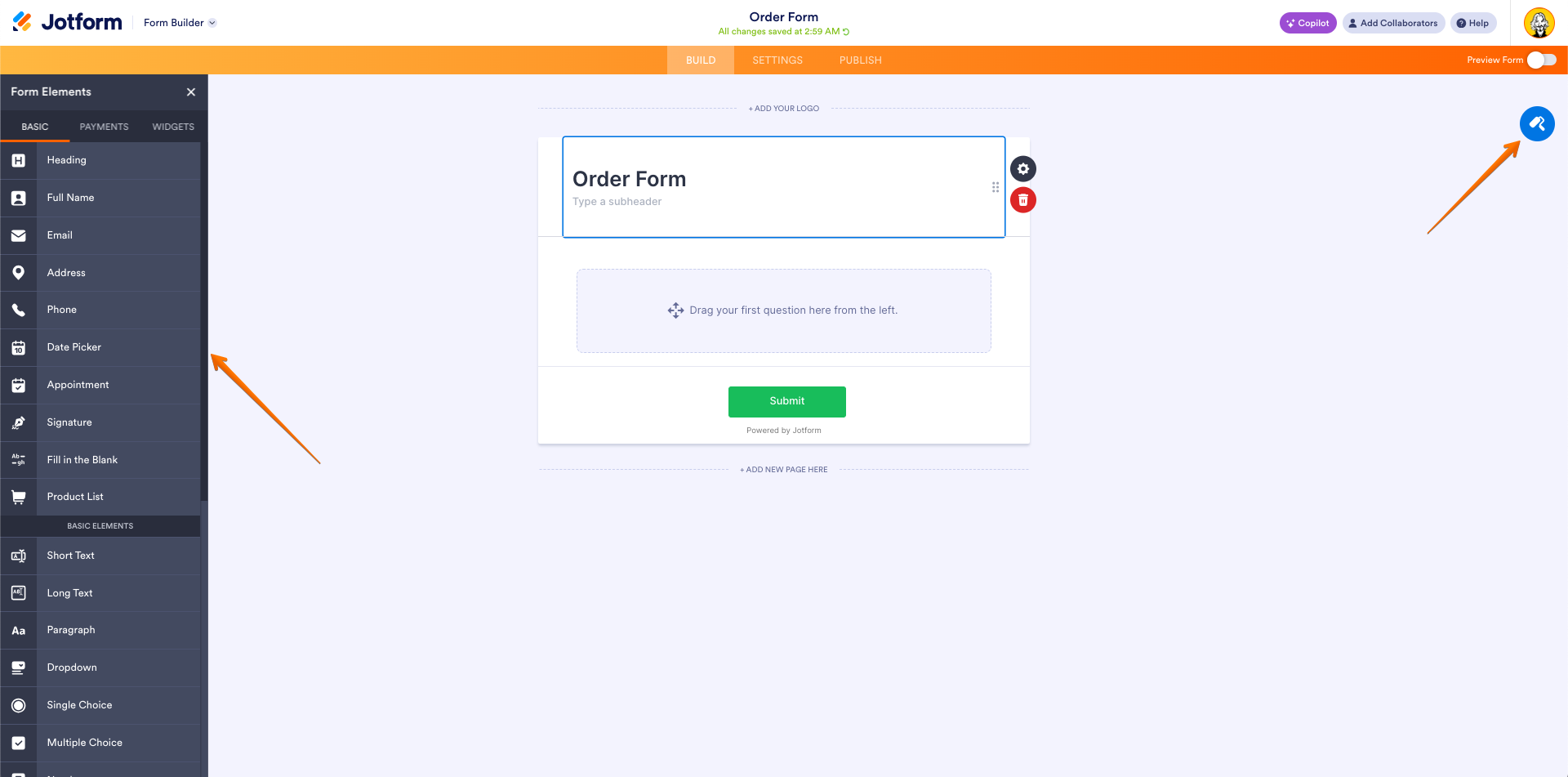 Form Elements and Form Designer Button