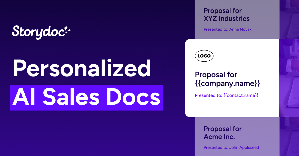 Storydoc graphic showing personalized AI sales documents with proposal templates and dynamic fields for company and contact names