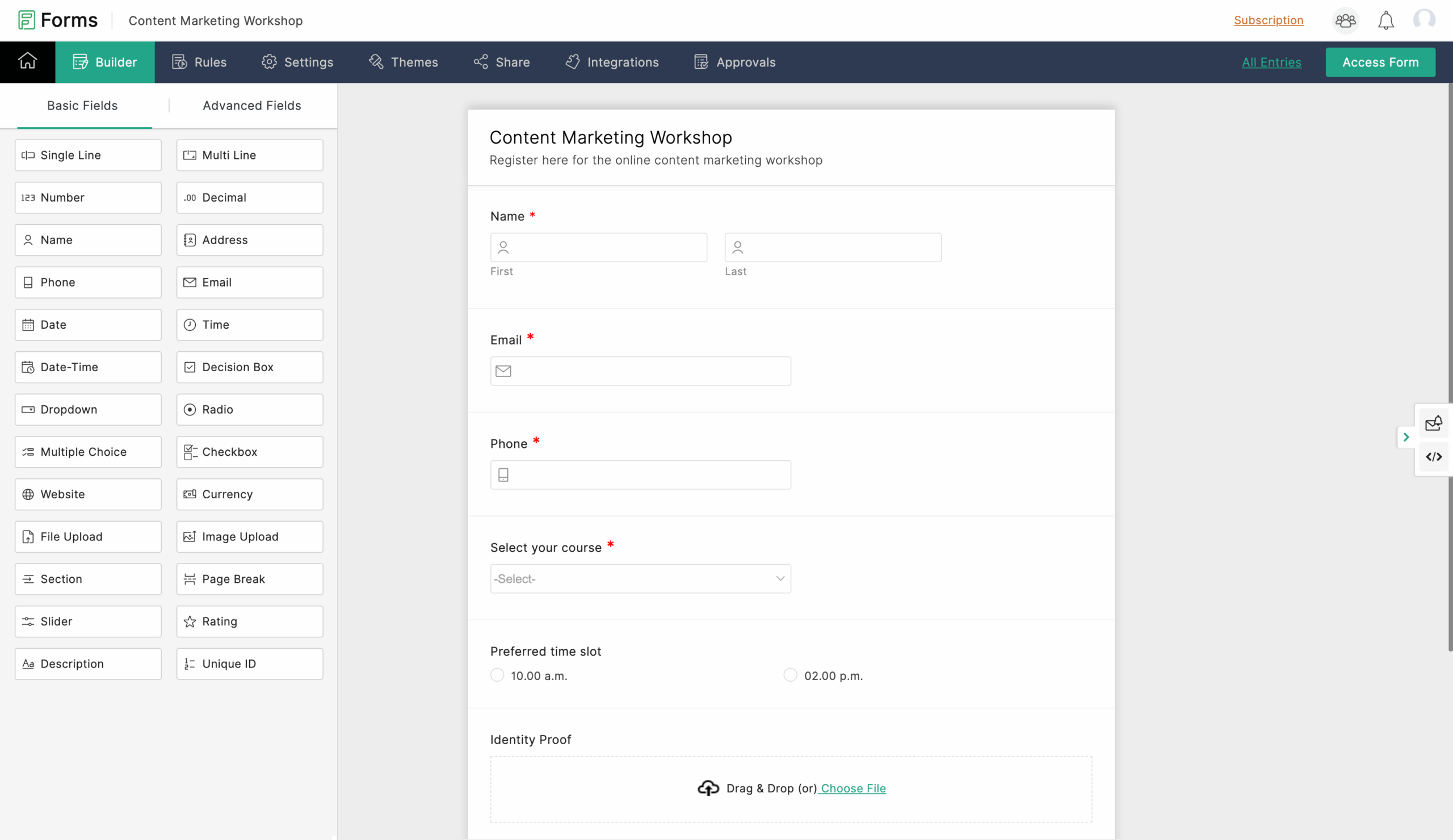 Zoho Forms Menu