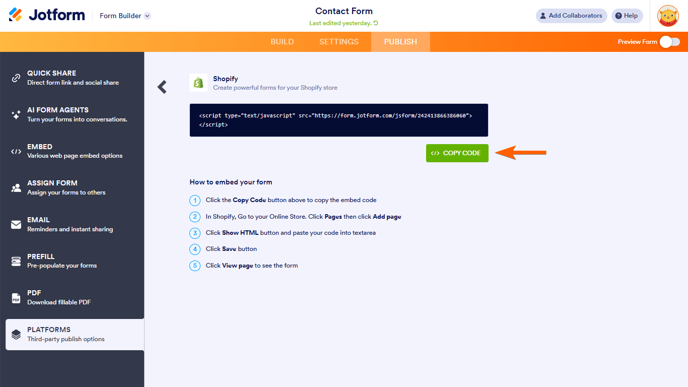 Platform Tab Shopify Embed Code