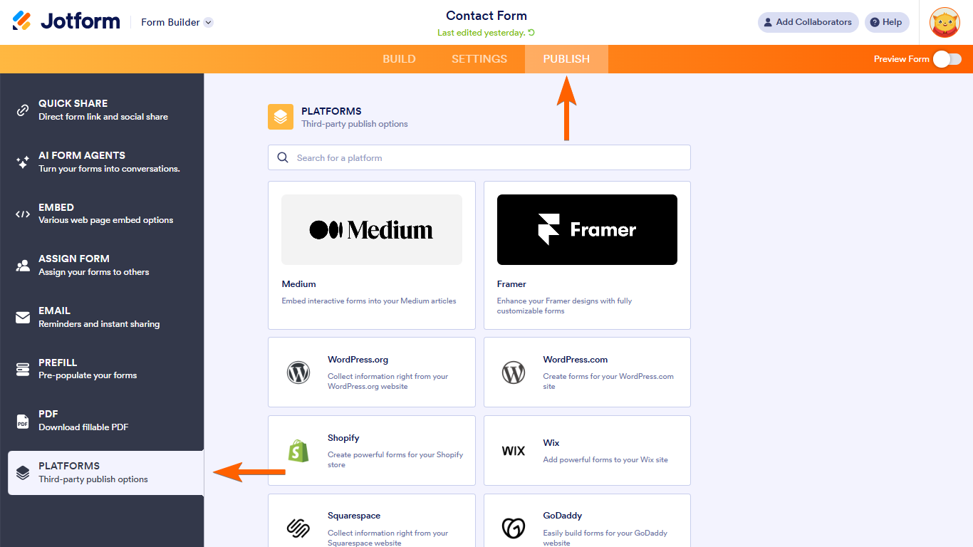 Form Builder Publish Platforms Tab