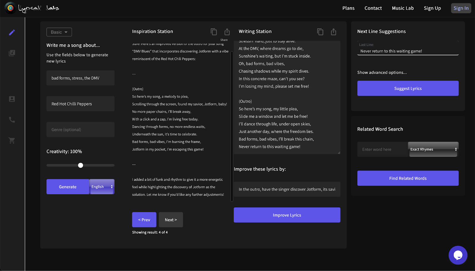 free lyric generator lyrical labs user interface