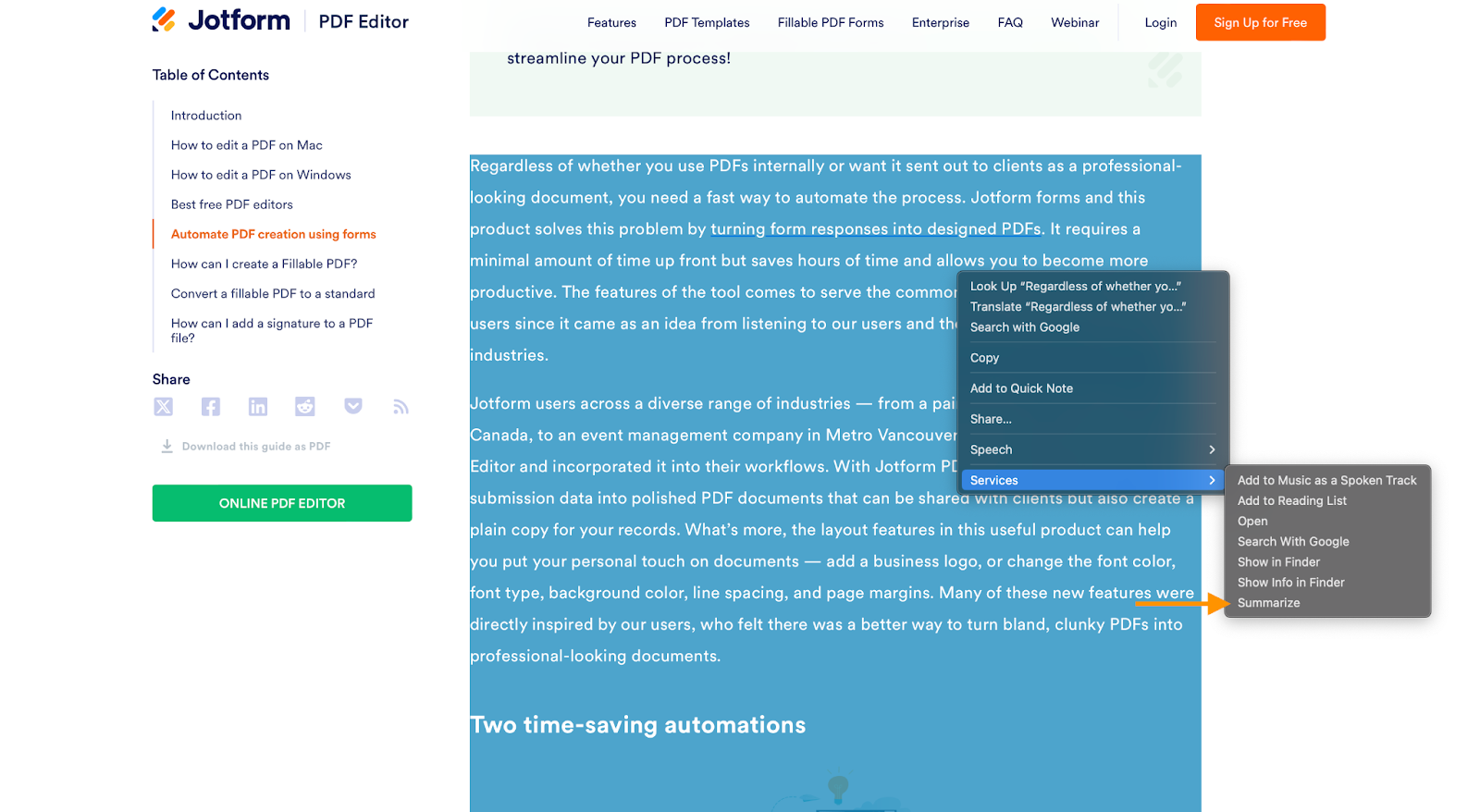 Right Click Menu Services Tab Summarize Option